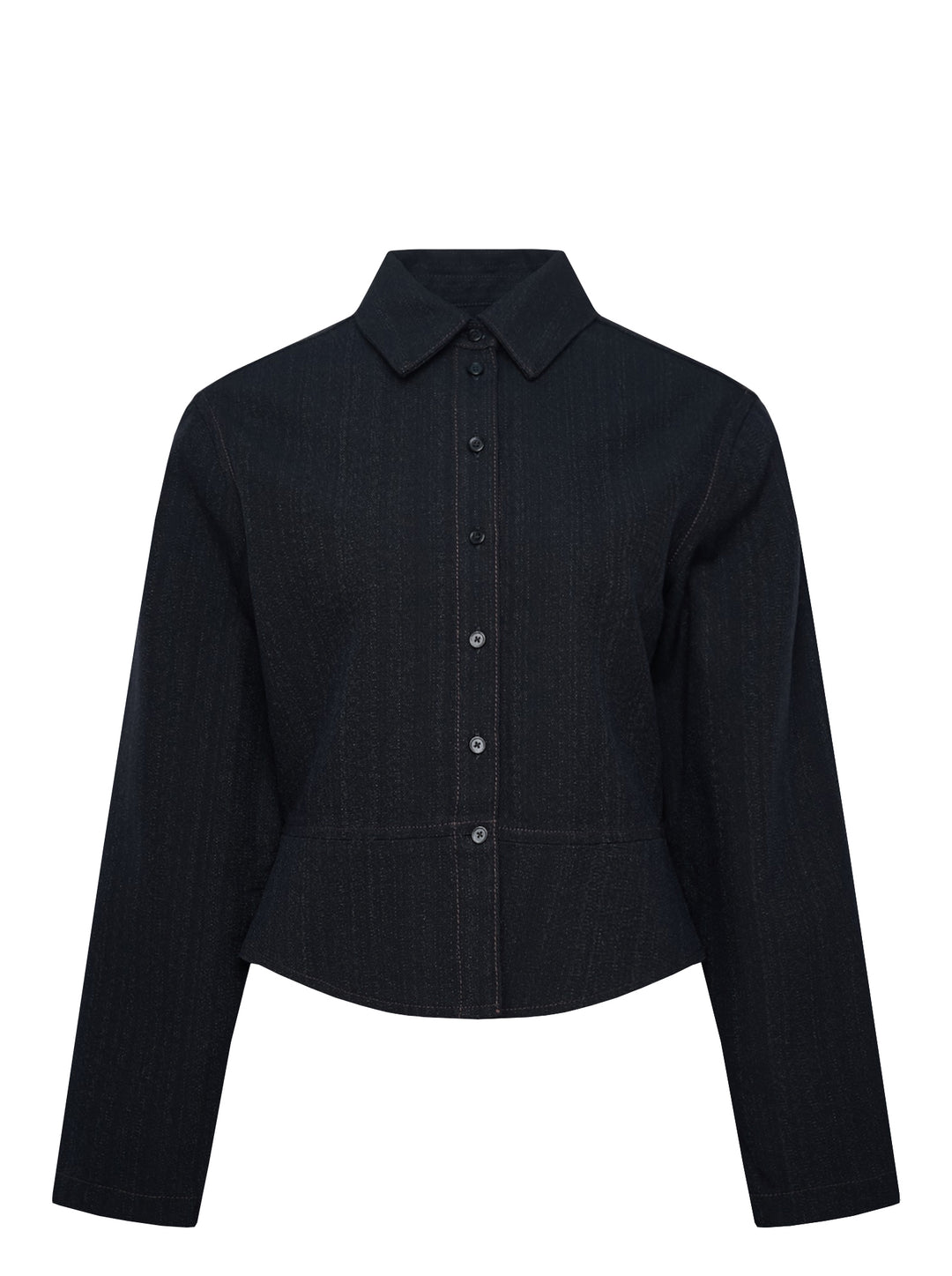 Alaïa Basque Shirt Wool Denim jacket in dark indigo, featuring a point collar, concealed button-front placket, structured basque waist seam, tonal contrast stitching, and a cropped curved hem — front view on white background