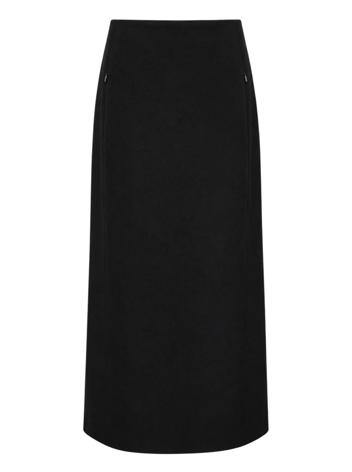 Alaïa black light felted wool pencil skirt with high waistband, zip-detail side pockets, and a midi-length A-line silhouette