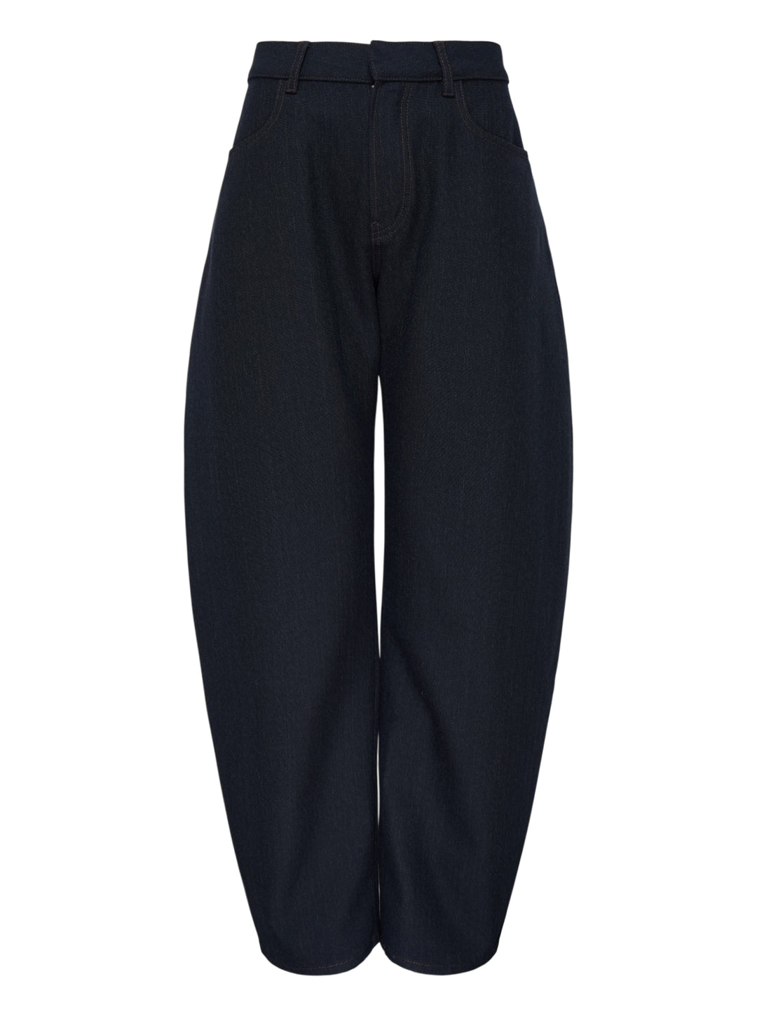 Alaïa round pants in dark navy wool denim with a high waist, curved barrel leg and contrast topstitching, shown from the front