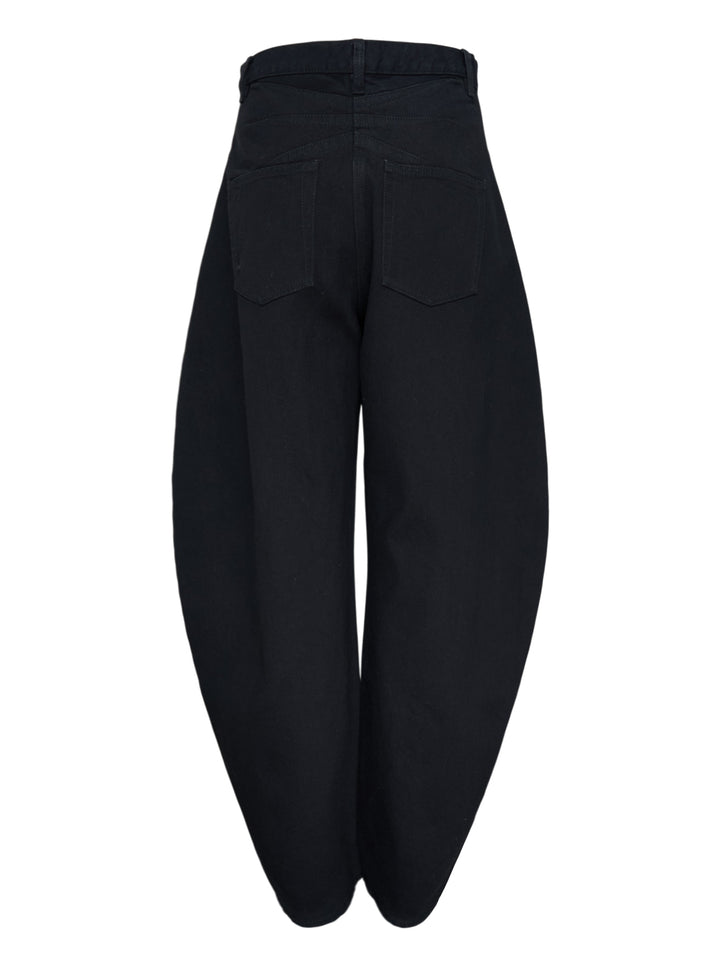 Alaïa black denim round pants with a high waist, five-pocket design and sculpted curved leg, shown from the front - view 2