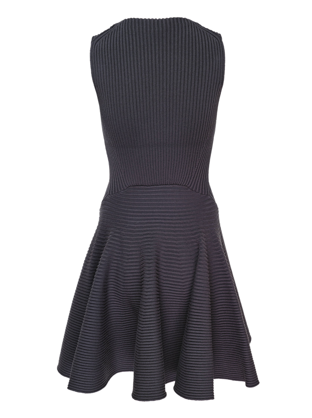 Alaïa Engineered Ribs Skater Dress in charcoal grey, featuring a fitted vertical-ribbed bodice and a flared skirt with geometric horizontal ribbed panels, sleeveless with a round neckline - view 2