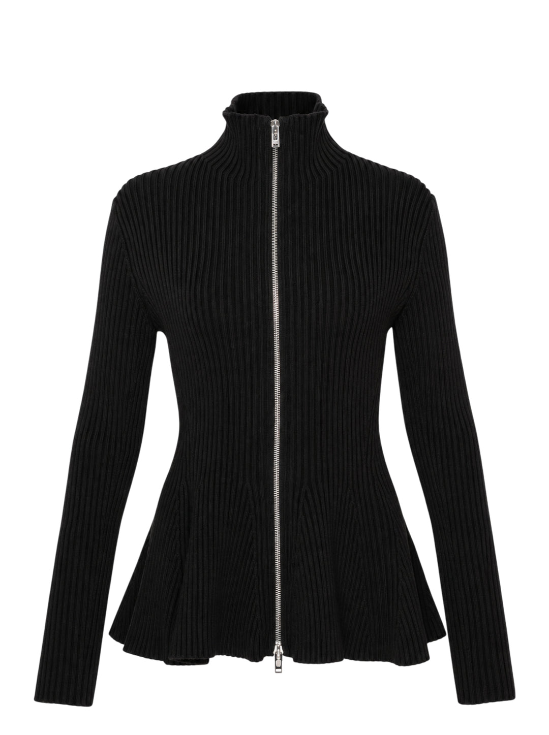 Alaïa Engineered Rib Peplum Cardigan in black with full-length silver zip, high mock neck, and flared peplum hem