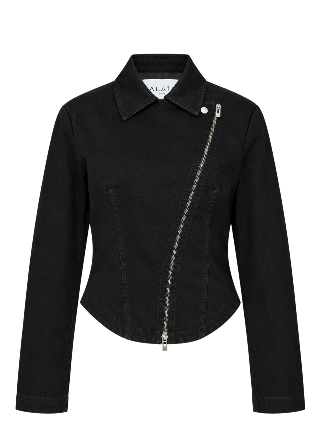 Alaïa Black Denim Biker Jacket with asymmetric silver-tone zip, corset seaming, and cropped curved hem, shown flat on white background