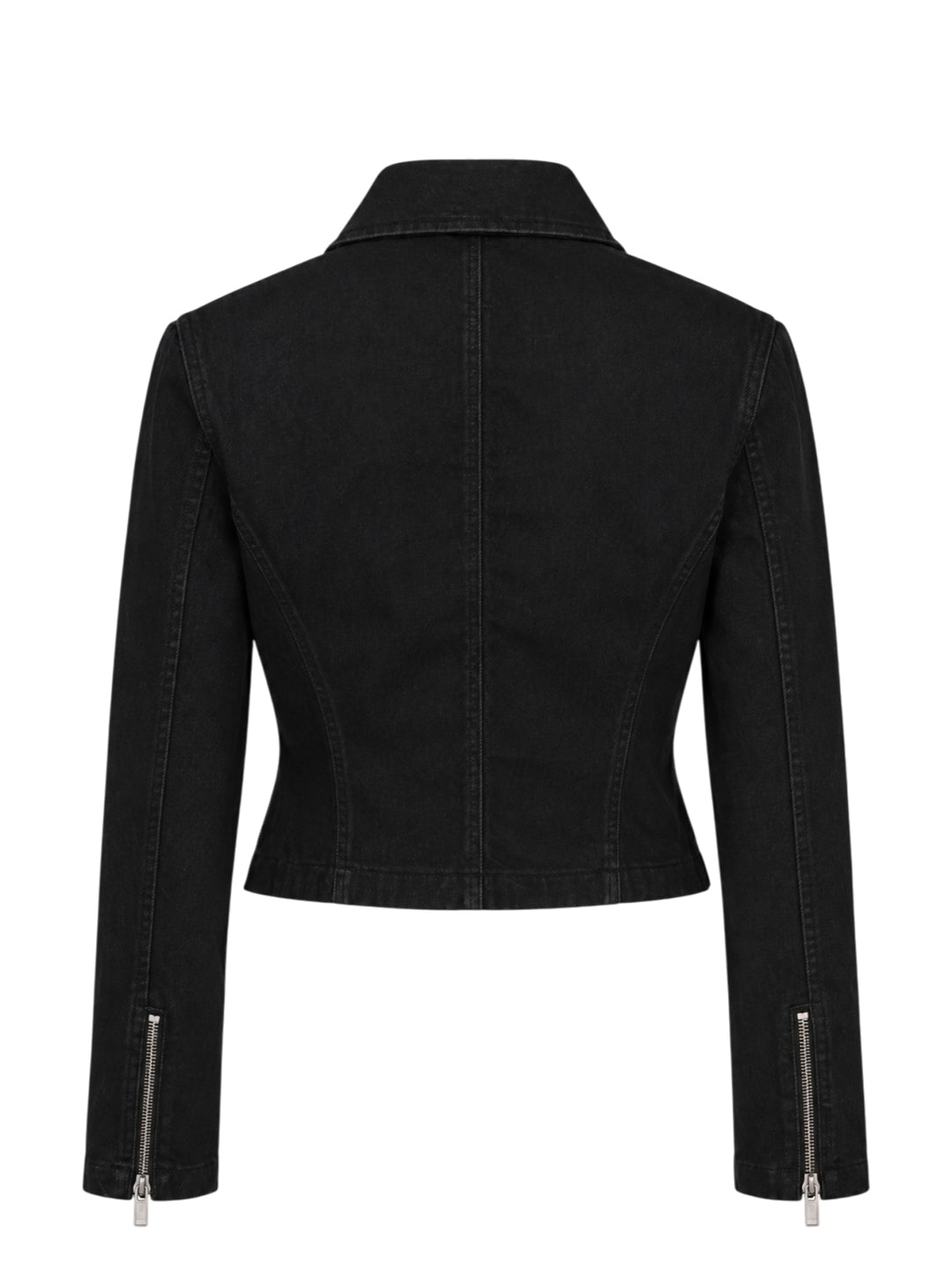 Alaïa Black Denim Biker Jacket with asymmetric silver-tone zip, corset seaming, and cropped curved hem, shown flat on white background - view 2