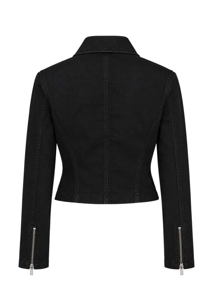 Alaïa Black Denim Biker Jacket with asymmetric silver-tone zip, corset seaming, and cropped curved hem, shown flat on white background - view 2