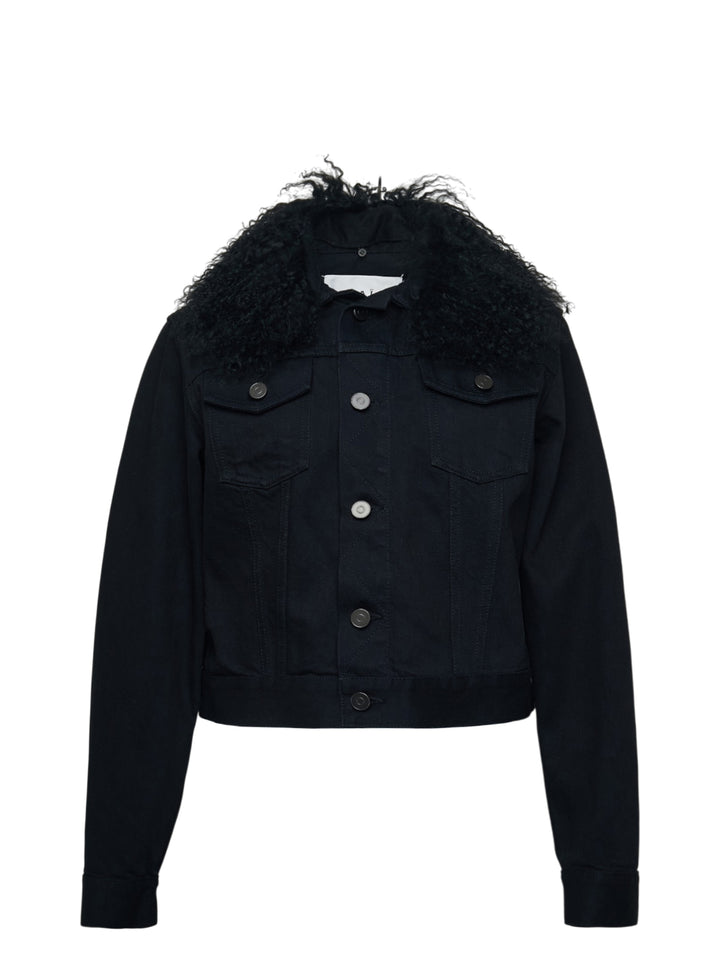 Alaïa Black Denim Trucker Jacket with curly black shearling collar, button-through front closure, twin chest flap pockets, and cropped silhouette on white background