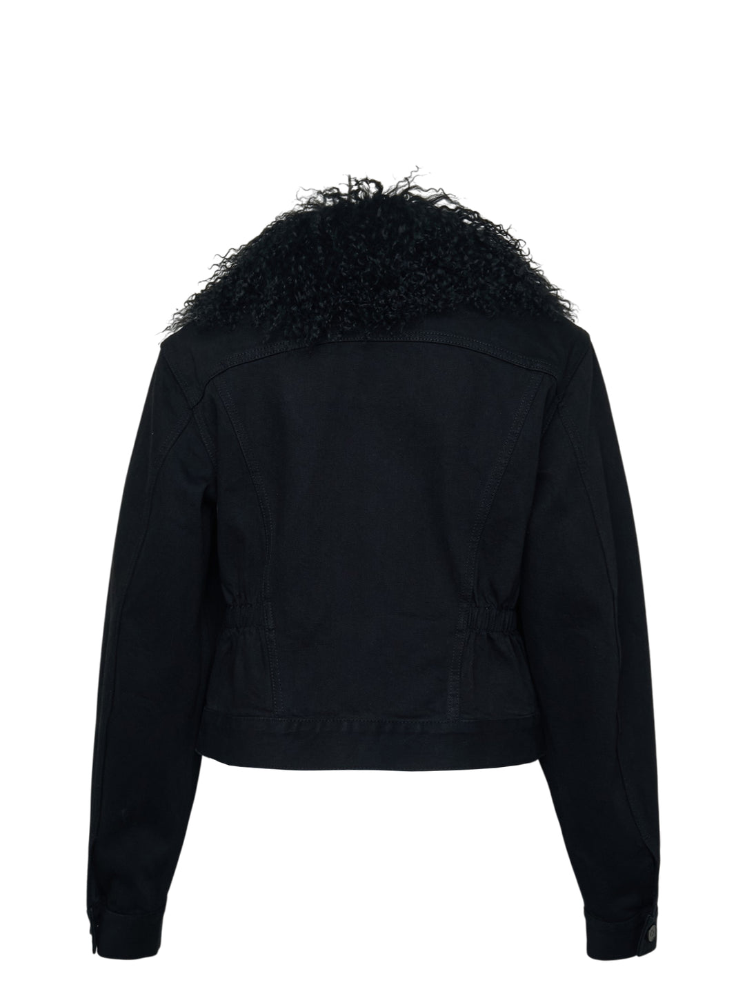 Alaïa Black Denim Trucker Jacket with curly black shearling collar, button-through front closure, twin chest flap pockets, and cropped silhouette on white background - view 2