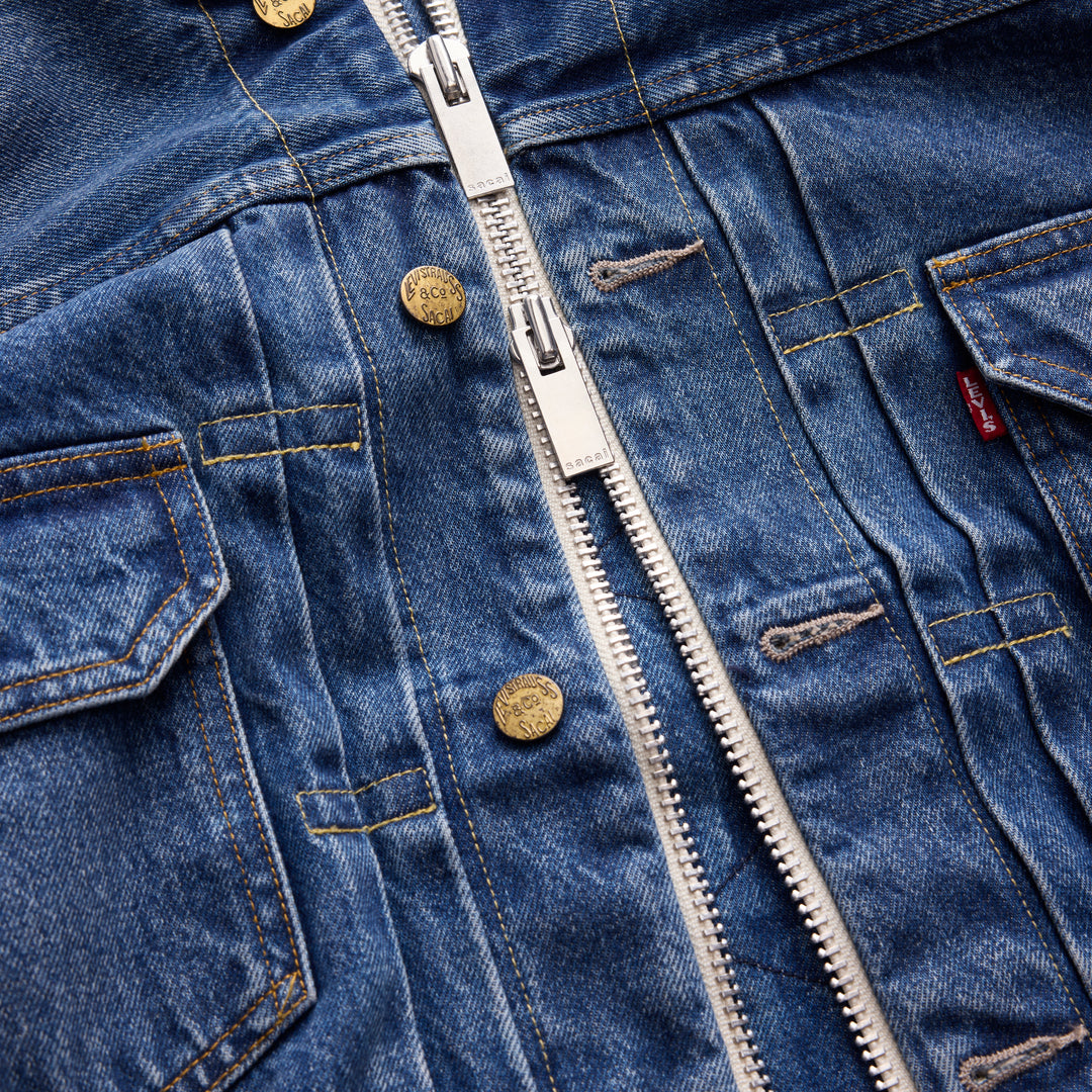 sacai x Levi's women's blue denim blouson jacket with bomber collar, exposed front zip, gold buttons, chest flap pockets and sleeve zip pocket - view 3