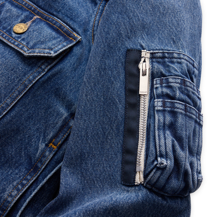 sacai x Levi's women's blue denim blouson jacket with bomber collar, exposed front zip, gold buttons, chest flap pockets and sleeve zip pocket - view 4