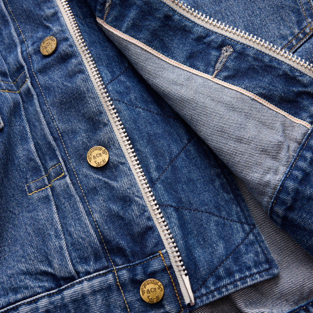 sacai x Levi's women's blue denim blouson jacket with bomber collar, exposed front zip, gold buttons, chest flap pockets and sleeve zip pocket - view 5