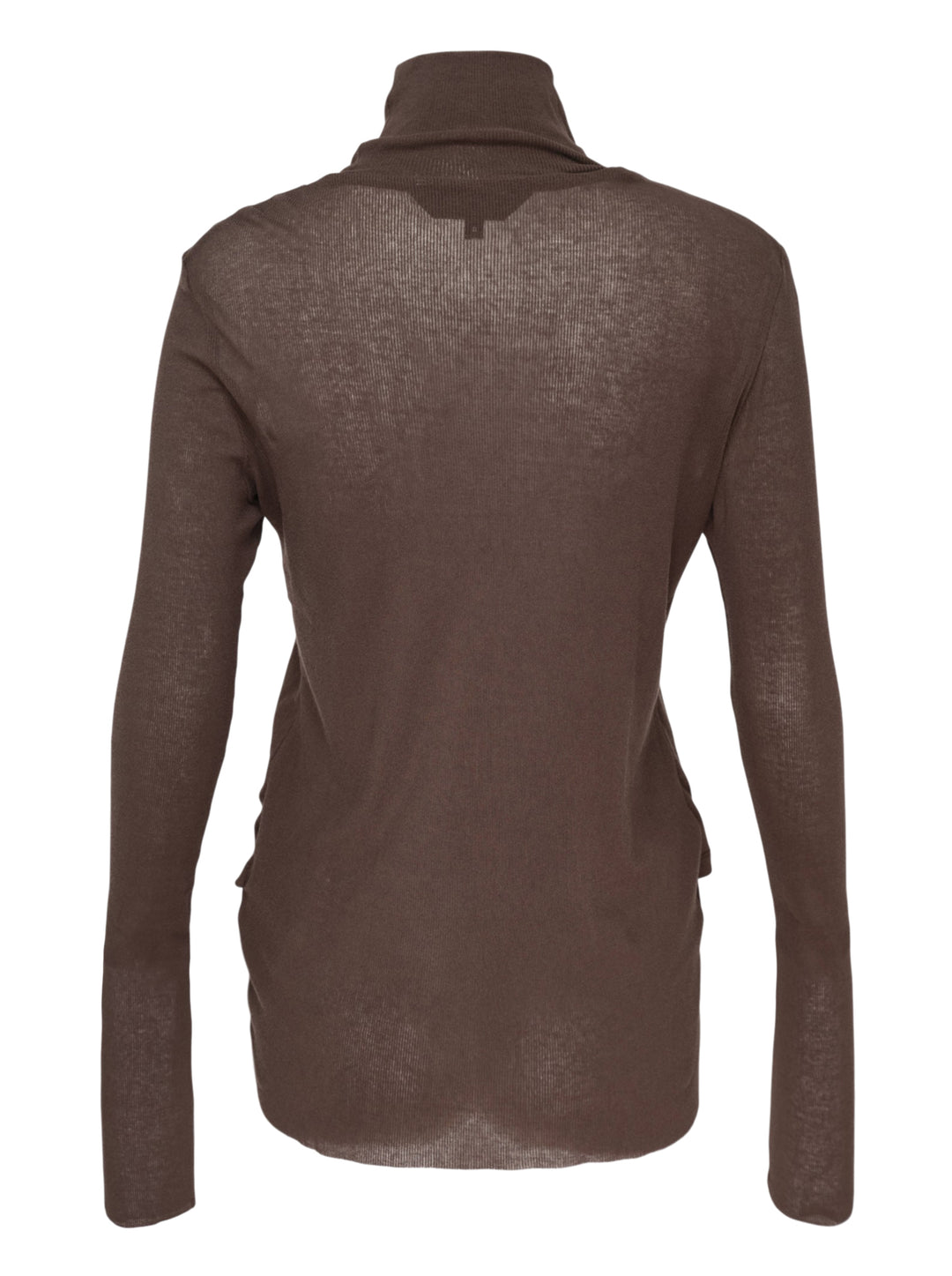 Melitta Baumeister Double Layer Turtleneck Top in dark brown, featuring a sheer long-sleeve base with ribbed turtleneck collar and an opaque sleeveless tank overlay with extended sheer hem - view 2