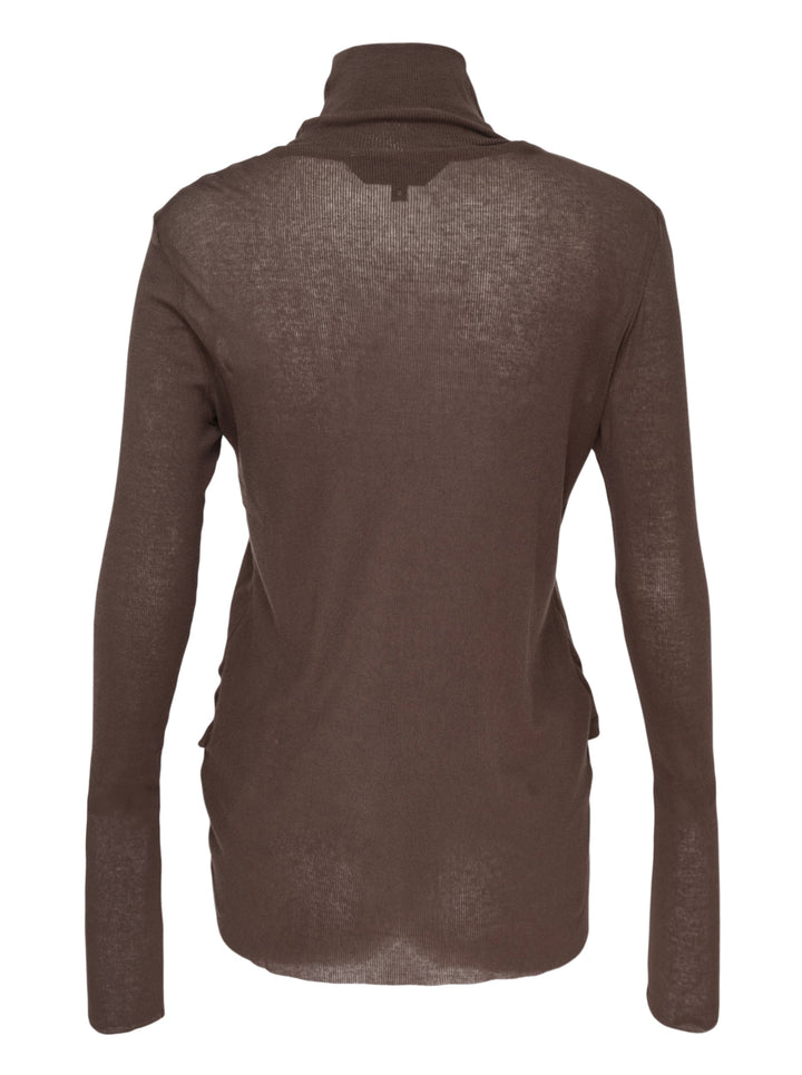 Melitta Baumeister Double Layer Turtleneck Top in dark brown, featuring a sheer long-sleeve base with ribbed turtleneck collar and an opaque sleeveless tank overlay with extended sheer hem - view 2