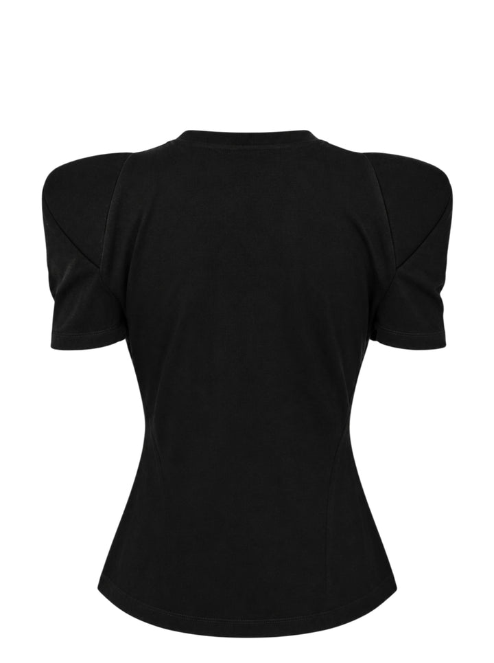 Melitta Baumeister Foamy Shoulder Tee in black, featuring exaggerated sculptural puff shoulders, ribbed crew neckline, and a fitted short-sleeve silhouette, shown on a flat lay against a white background - view 2