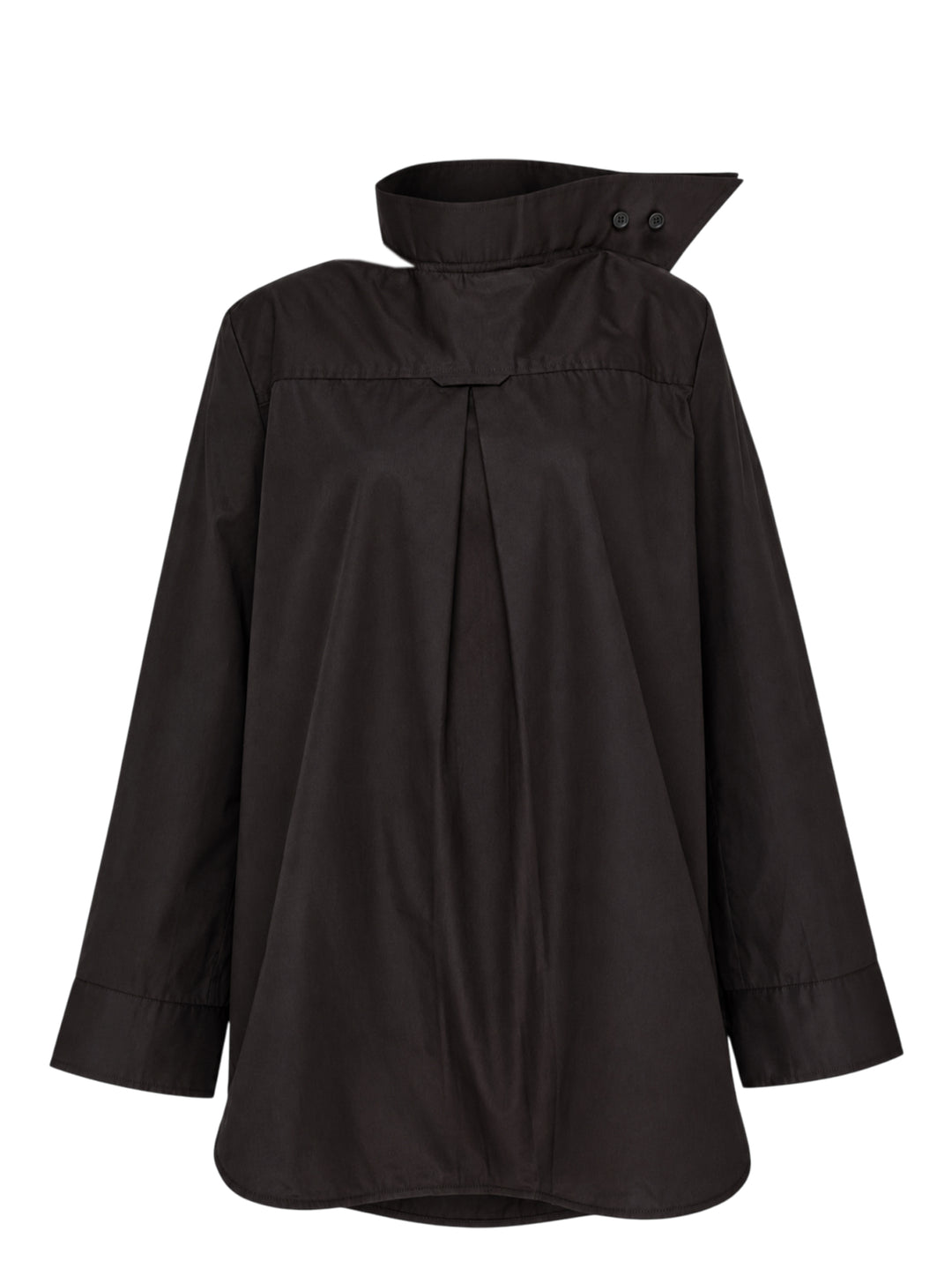 Melitta Baumeister black oversized cotton shirt with a sculptural asymmetric pointed collar, front box pleat and wide cuffs