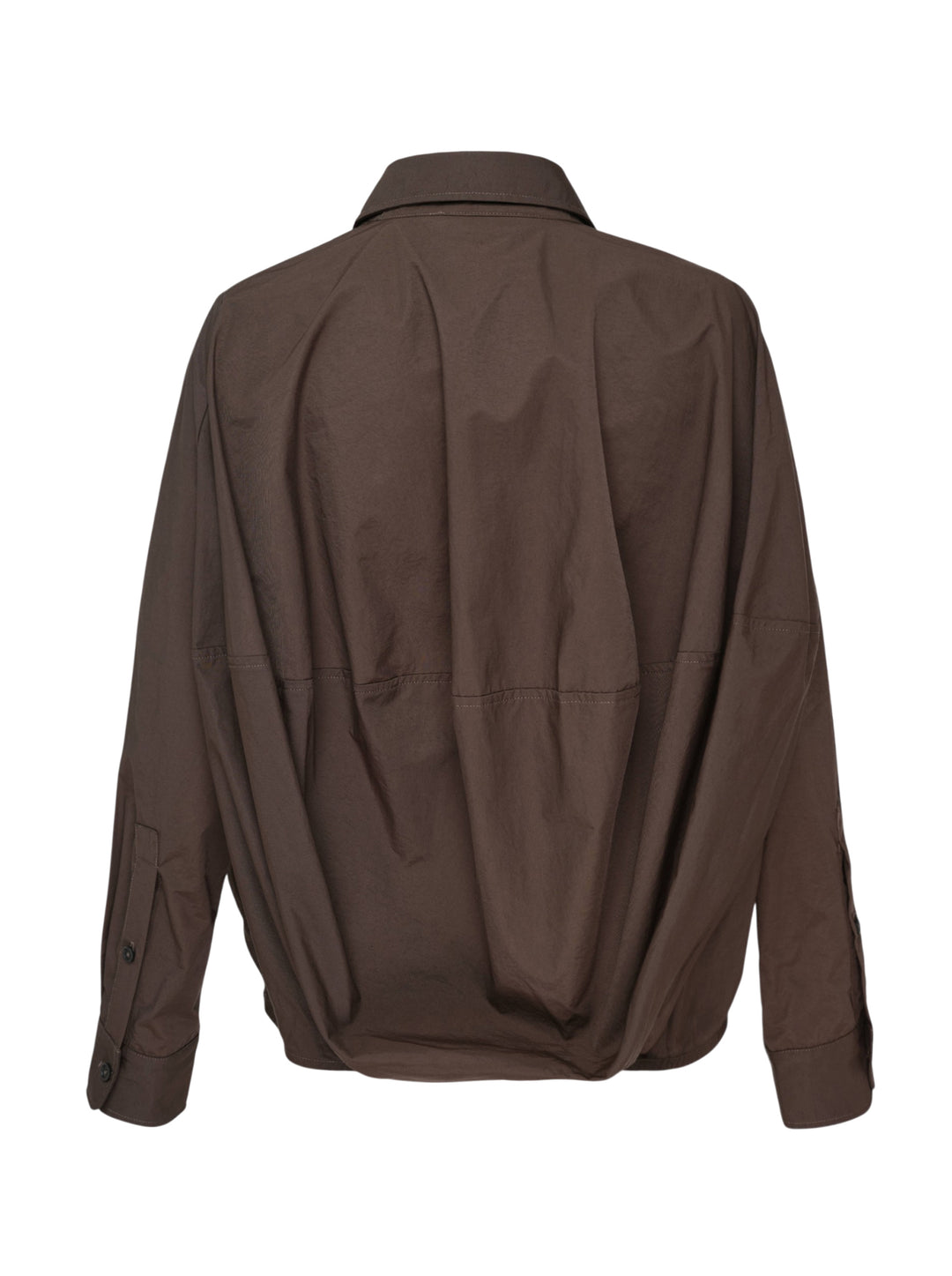 Melitta Baumeister Long Sleeve Cocoon Shirt in chocolate brown with rounded collar, contrast topstitching, chest patch pocket, and gathered elasticated hem band - view 2