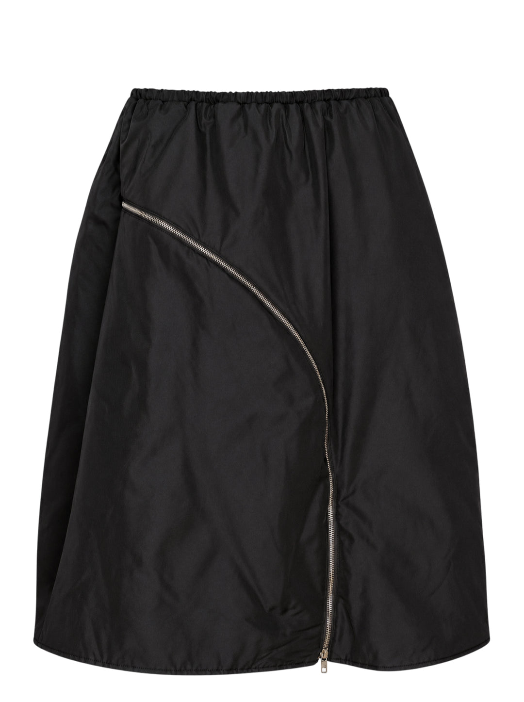 Melitta Baumeister black A-line bomber skirt with elasticated waist and curved silver zip detail