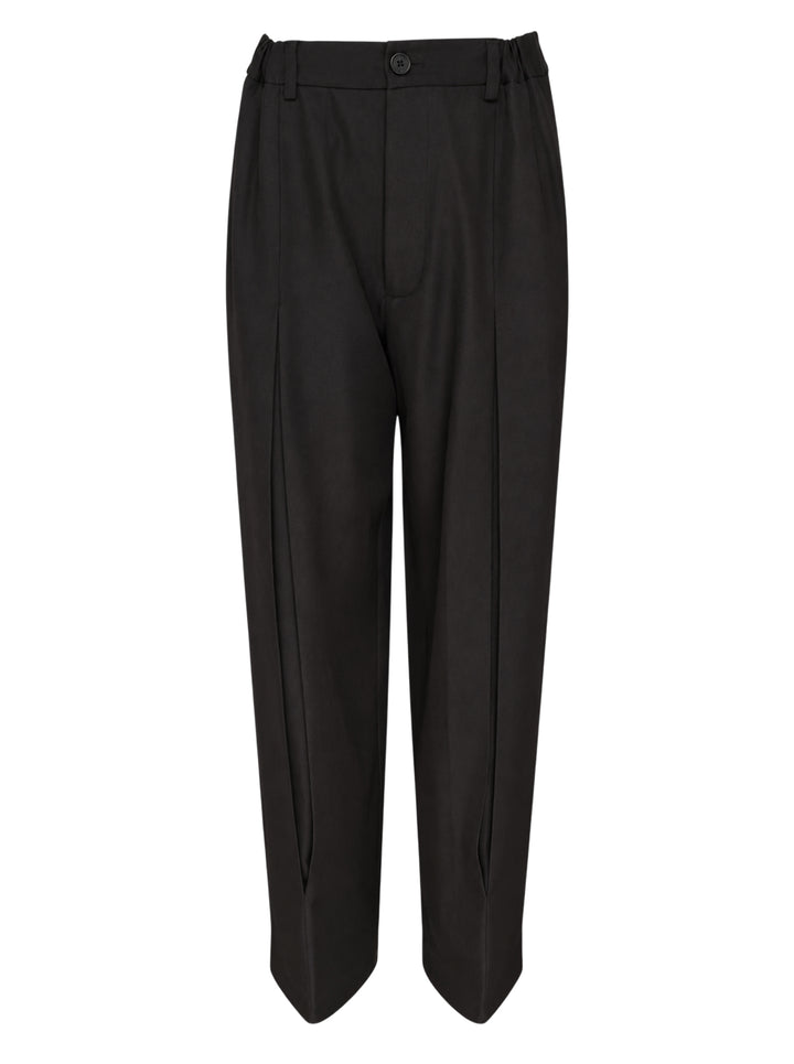 Melitta Baumeister Tailored Pointy Hem Pants in black, featuring raised front seam lines and a signature pointed hem extending at each leg, with a high-rise single-button waistband — front view on white background