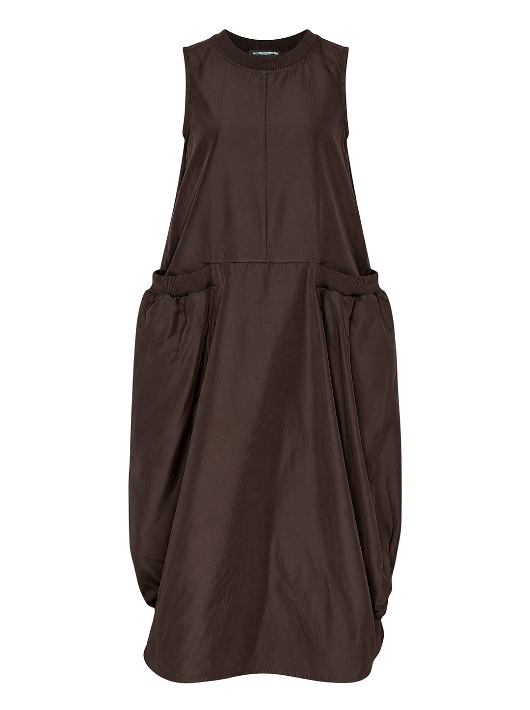 Melitta Baumeister sleeveless brown Front Pocket Dress with ribbed neckline, gathered oversized pockets and rounded bubble hem