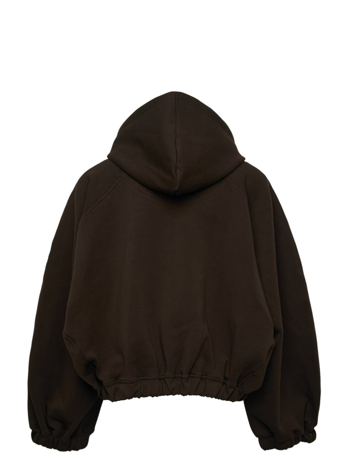 Melitta Baumeister Ball Zip Up Hoodie in dark espresso brown, featuring oversized balloon sleeves, full-length zip, navy drawstring ties, and elasticated ruched hem - view 2