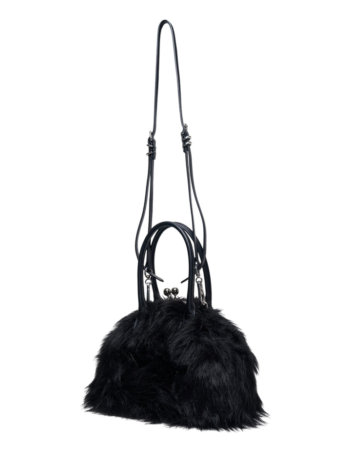 Melitta Baumeister Fluffy Clasp Bag in black long-pile faux fur with kiss-lock clasp, leather top handles, and adjustable crossbody strap - view 2