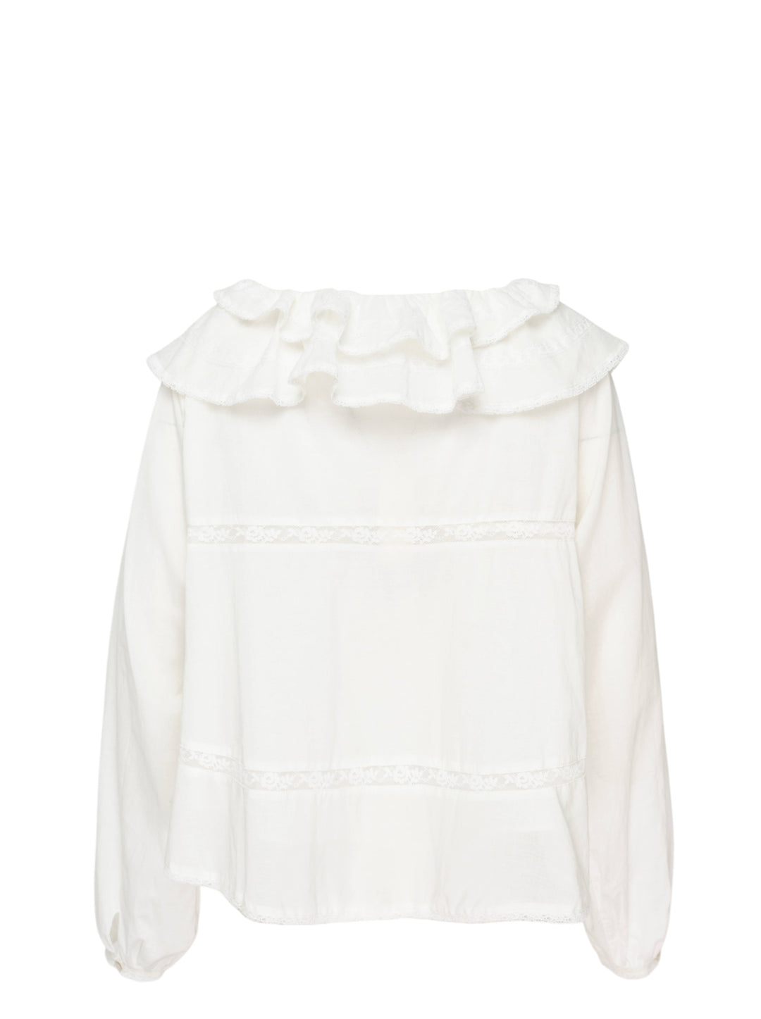 Glowny Mallow Lace Blouse in white with oversized double-tiered ruffle collar, lace trim inserts at the bodice and waist, and billowy long sleeves with elasticated cuffs - view 2
