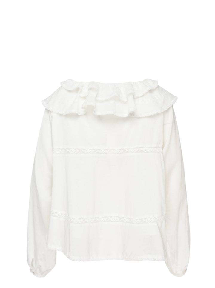 Glowny Mallow Lace Blouse in white with oversized double-tiered ruffle collar, lace trim inserts at the bodice and waist, and billowy long sleeves with elasticated cuffs - view 2