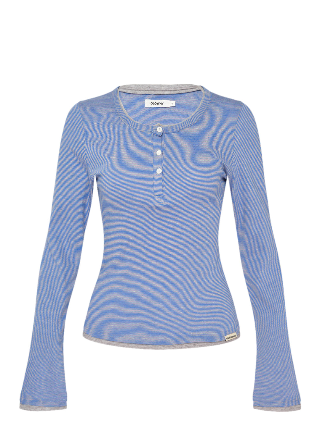 Glowny Roan Layered Long Sleeve Tee in blue and grey fine stripe with contrast grey neckline and cuff trim, three-button henley placket, and flared sleeve hem