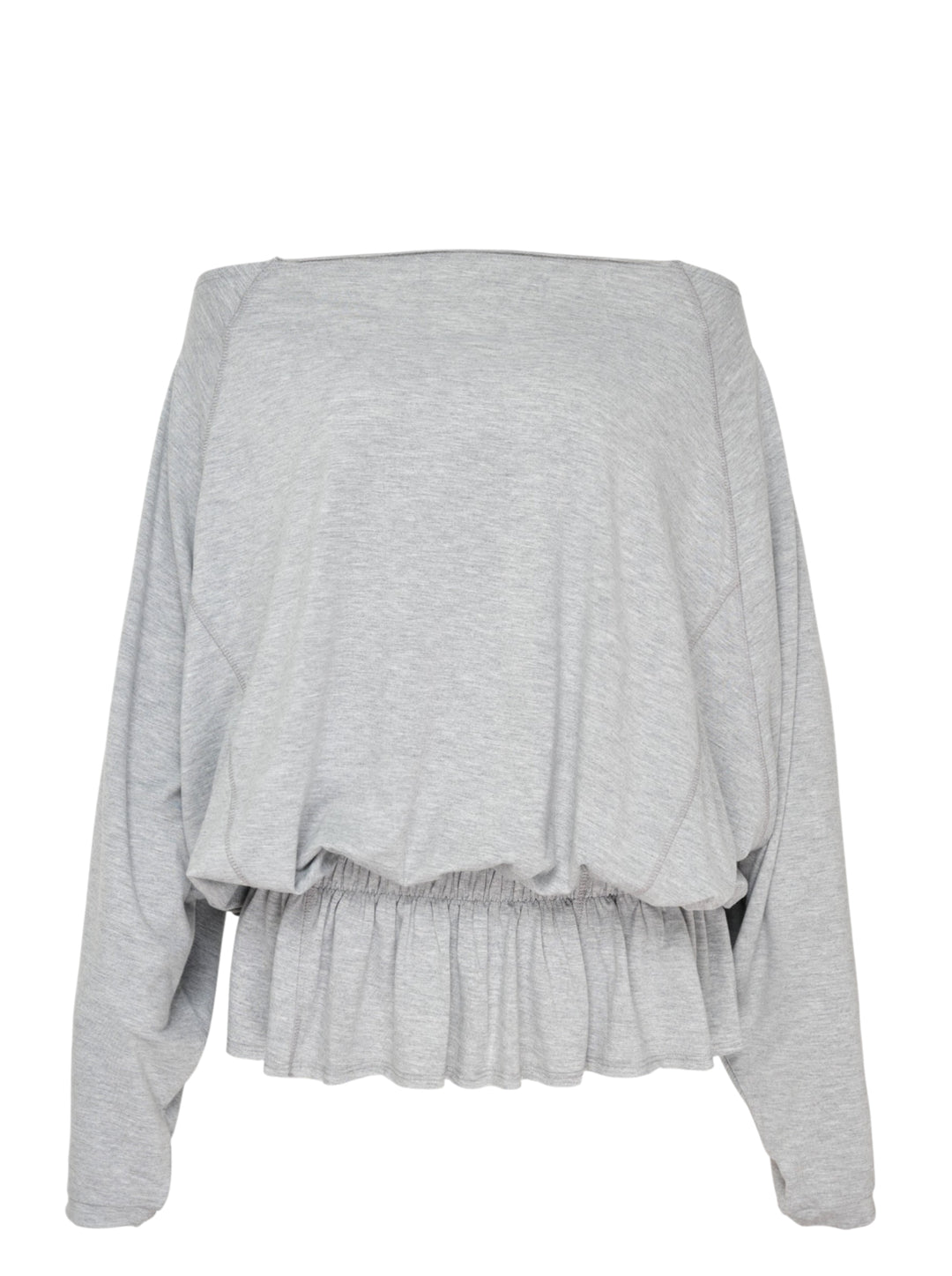 Glowny Sway Shirring Long Sleeve Blouse in heather grey, featuring a relaxed batwing silhouette, broad boat neckline, and an elasticated shirred frill hem