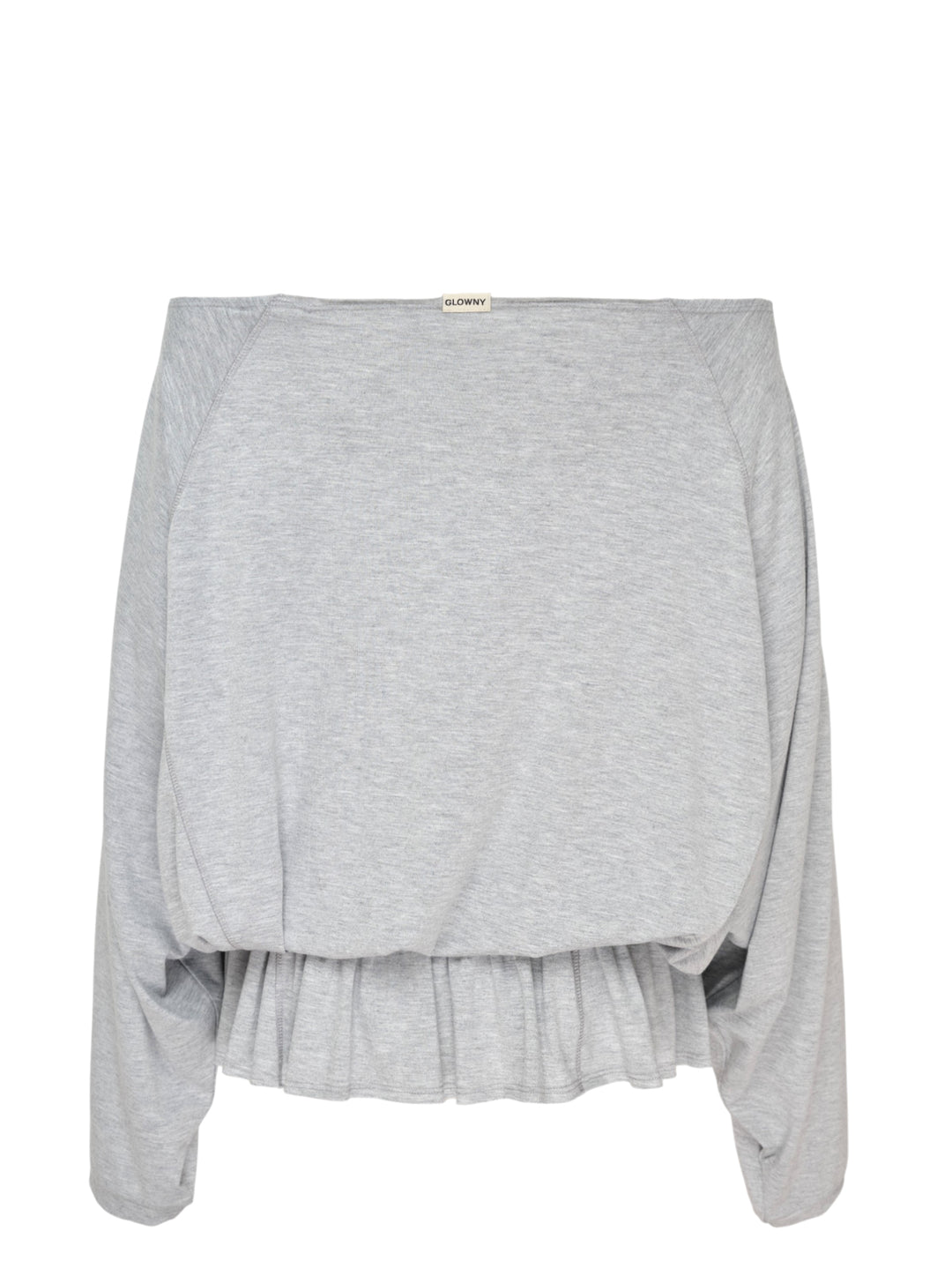 Glowny Sway Shirring Long Sleeve Blouse in heather grey, featuring a relaxed batwing silhouette, broad boat neckline, and an elasticated shirred frill hem - view 2