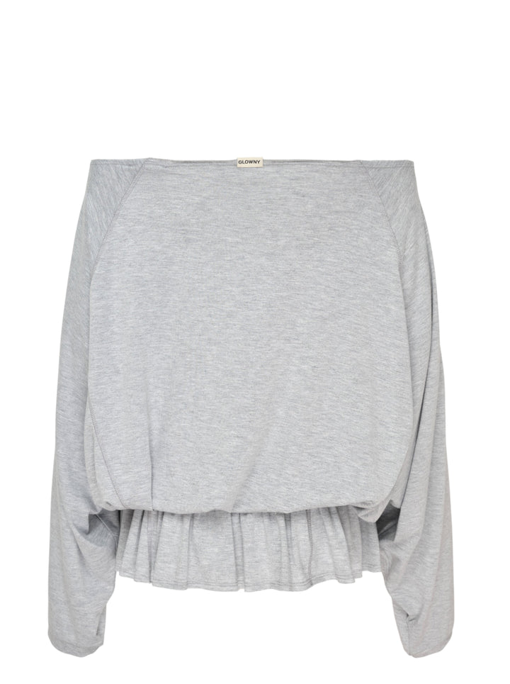 Glowny Sway Shirring Long Sleeve Blouse in heather grey, featuring a relaxed batwing silhouette, broad boat neckline, and an elasticated shirred frill hem - view 2