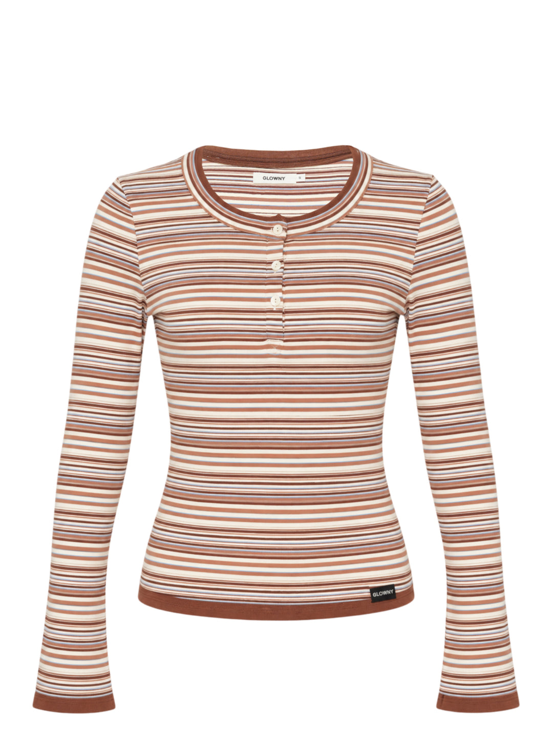 Glowny Roan Layered Long Sleeve Tee in multicolour horizontal stripe ribbed knit with button placket, flared cuffs, and contrast brown trim at neckline and hem