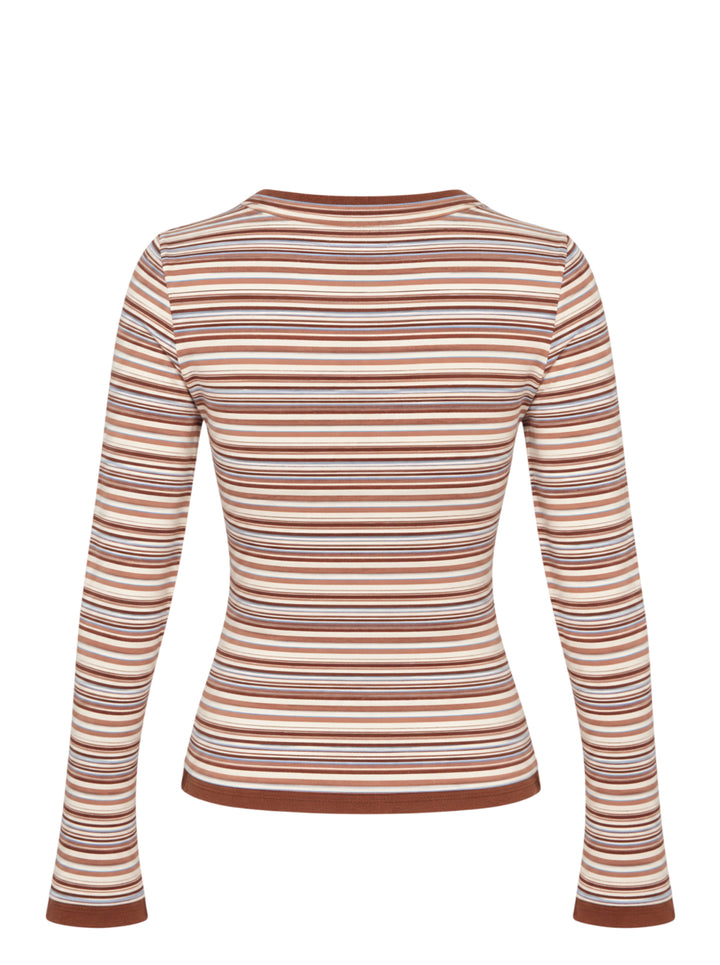 Glowny Roan Layered Long Sleeve Tee in multicolour horizontal stripe ribbed knit with button placket, flared cuffs, and contrast brown trim at neckline and hem - view 2