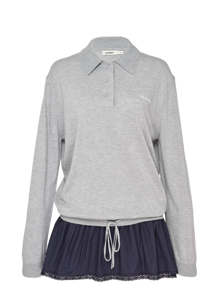 Glowny Nest Polo Mini Dress in grey marl knit with a ribbed polo collar, three-button placket, drawstring waist, and a navy pleated skirt panel with lace hem trim