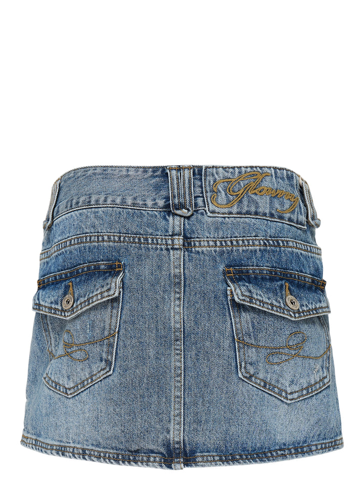 Glowny Curvy Denim Mini Skirt in acid-washed blue denim with belt loops, curved patch pockets and a metal button closure - view 2