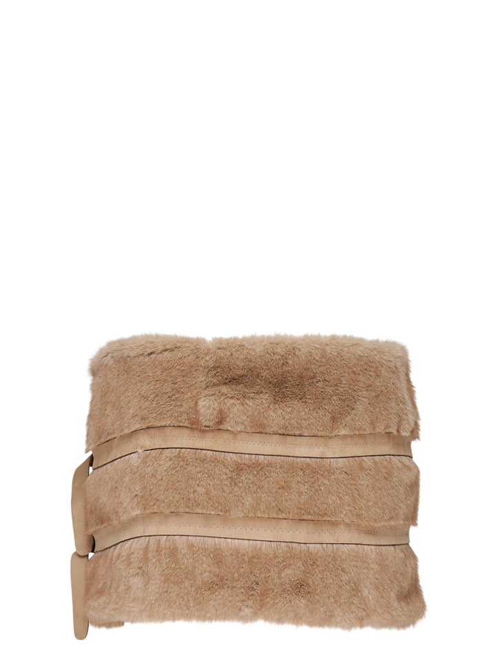 Glowny Fluffy Belt Skirt in camel faux fur with two suede-look straps and silver buckles - view 2