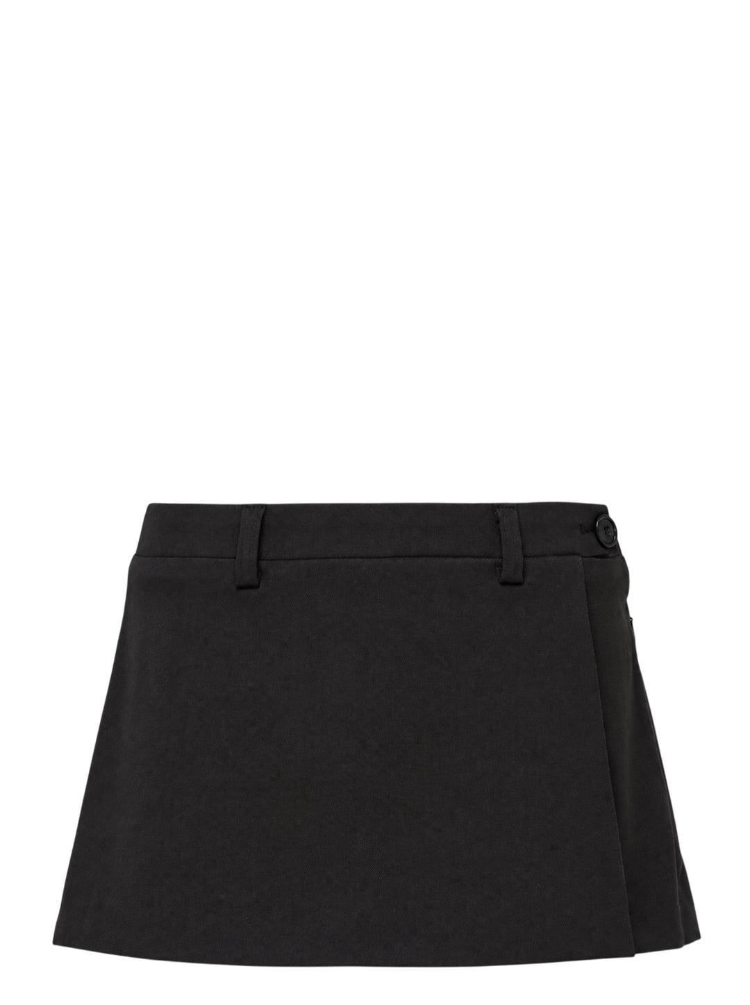 Glowny Polly Wrap Skorts in black, featuring a wrap-front A-line mini silhouette with structured waistband, belt loops, and button fastening