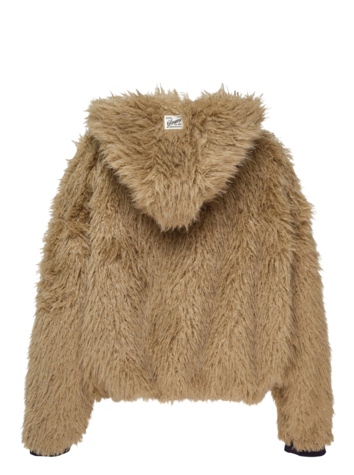 Glowny Flurry Reversible Fur Jacket in camel shaggy faux fur with navy contrast zip placket, toggle buckle closures, hood, and ribbed cuffs - view 2