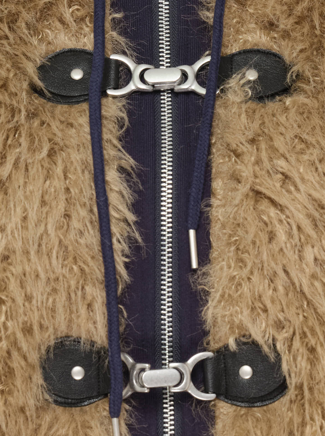 Glowny Flurry Reversible Fur Jacket in camel shaggy faux fur with navy contrast zip placket, toggle buckle closures, hood, and ribbed cuffs - view 3
