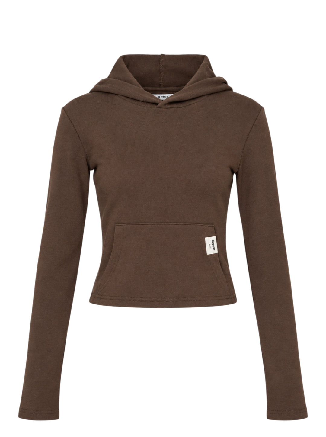 Glowny Comfort Cropped Hoodie in chocolate brown, featuring a fitted silhouette, draped hood, kangaroo pocket with woven brand patch, and long slim sleeves