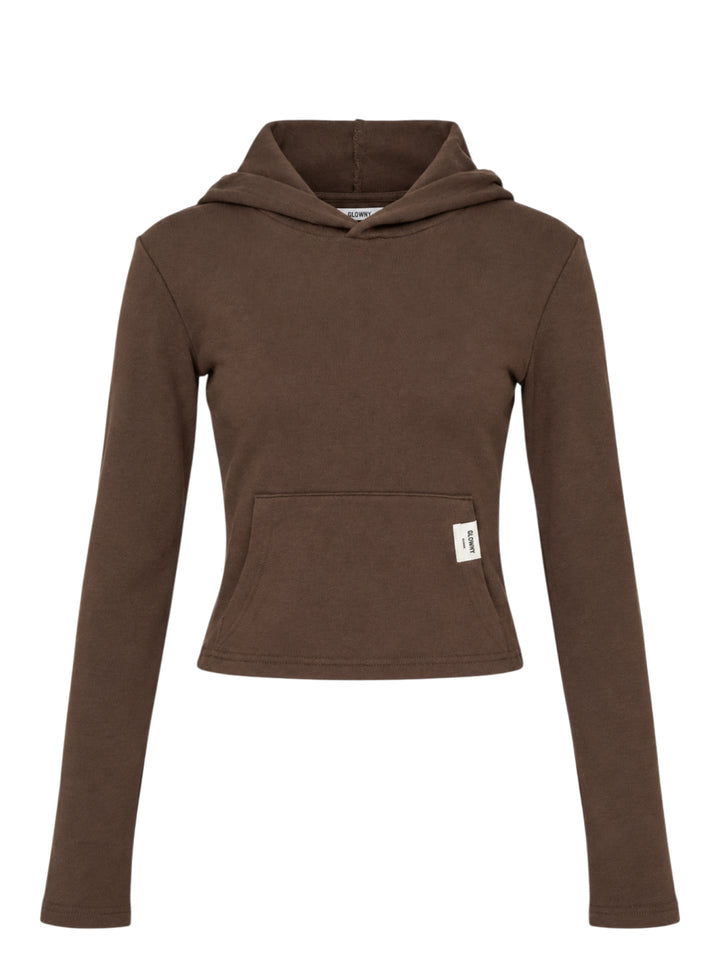 Glowny Comfort Cropped Hoodie in chocolate brown, featuring a fitted silhouette, draped hood, kangaroo pocket with woven brand patch, and long slim sleeves