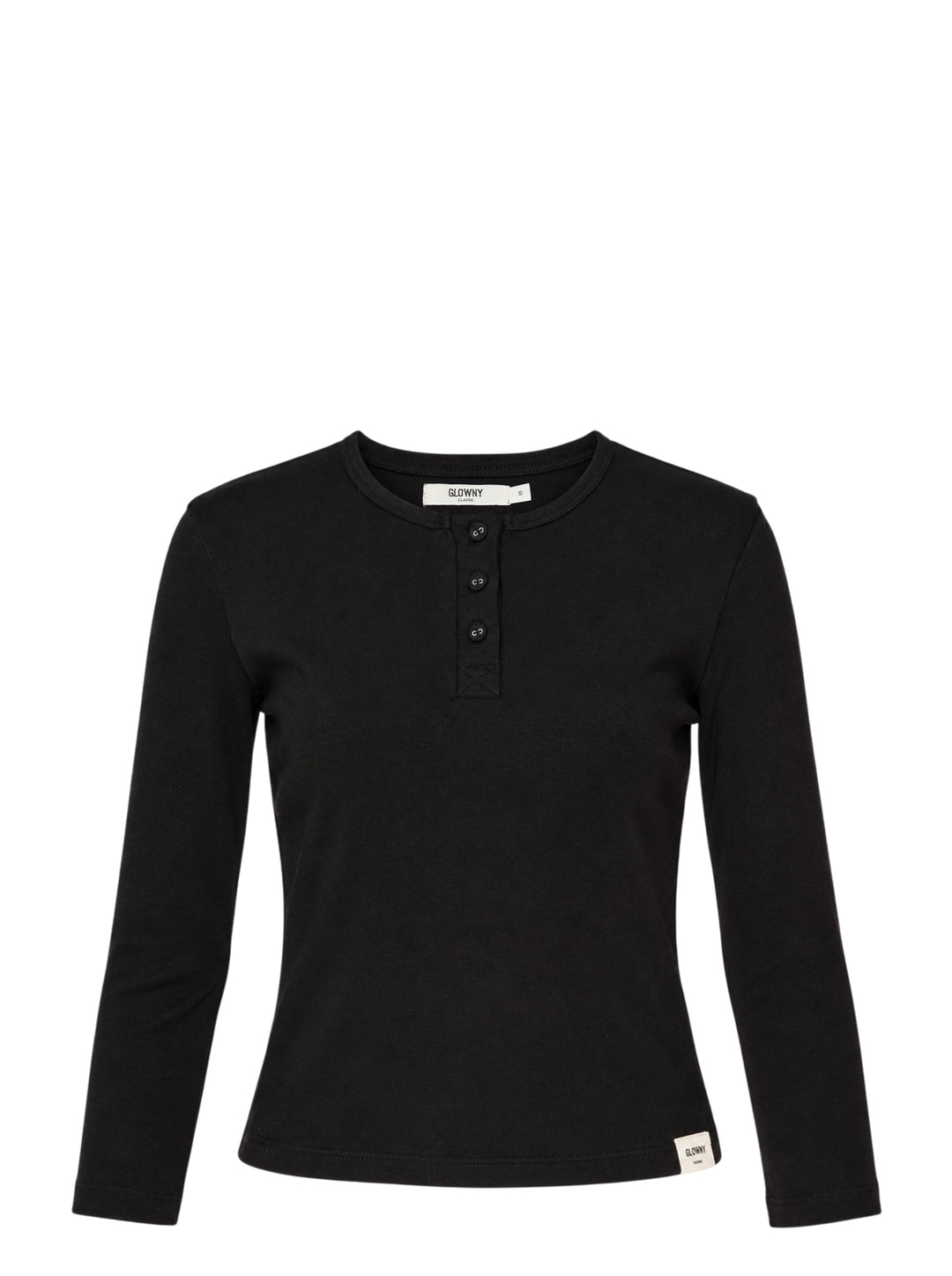 Glowny Long Sleeve Button Tee in black, featuring a short tonal button placket at the neckline, ribbed round collar, and a fitted jersey silhouette with woven brand label at the hem