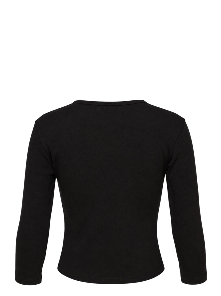Glowny Long Sleeve Button Tee in black, featuring a short tonal button placket at the neckline, ribbed round collar, and a fitted jersey silhouette with woven brand label at the hem - view 2
