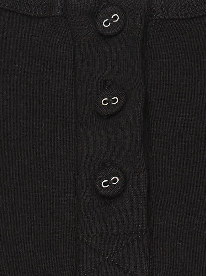 Glowny Long Sleeve Button Tee in black, featuring a short tonal button placket at the neckline, ribbed round collar, and a fitted jersey silhouette with woven brand label at the hem - view 4