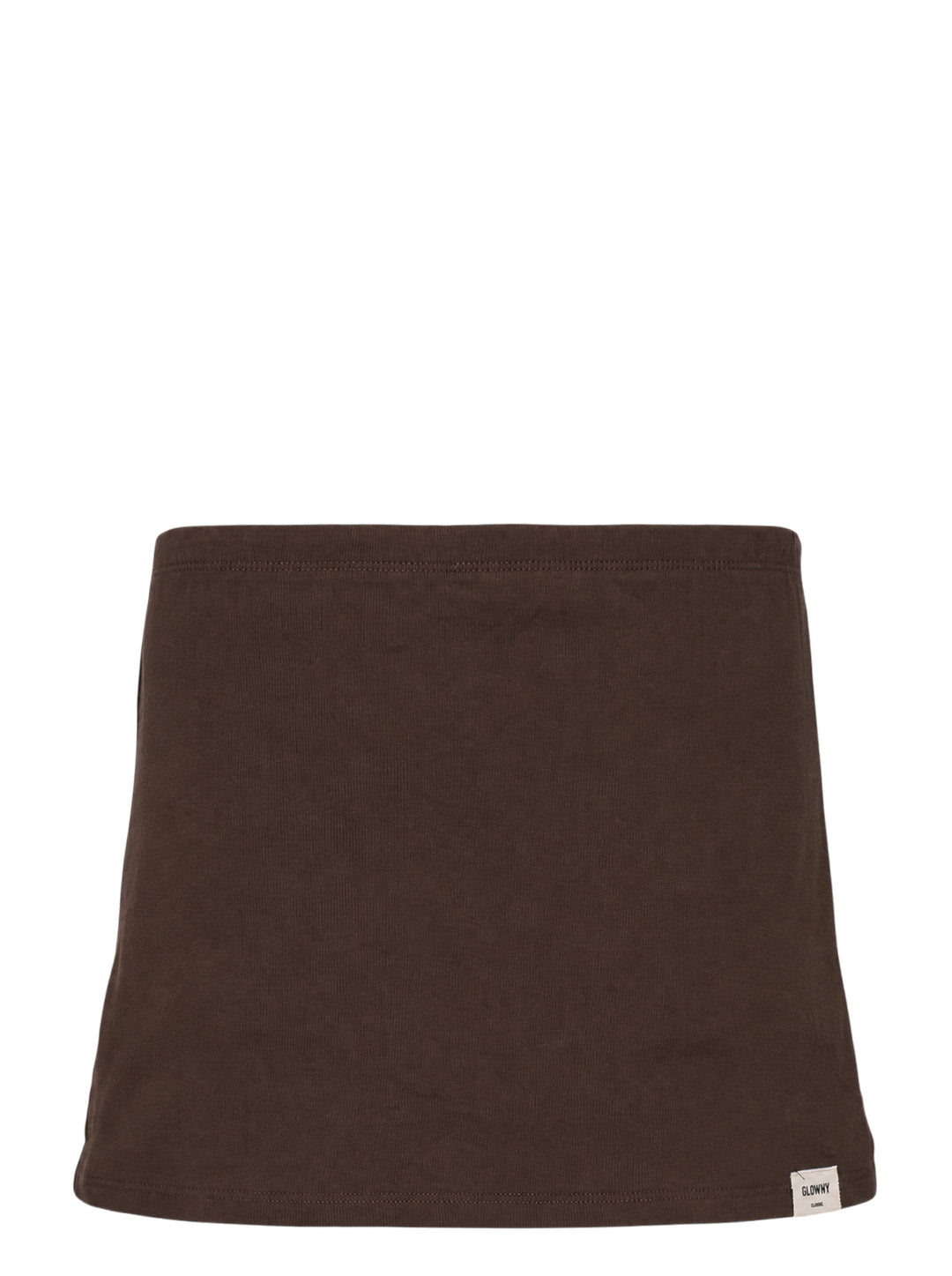 Glowny Classic Mini Skirt in dark espresso brown jersey with a low-rise waistband, A-line silhouette, and woven Glowny label at the hem