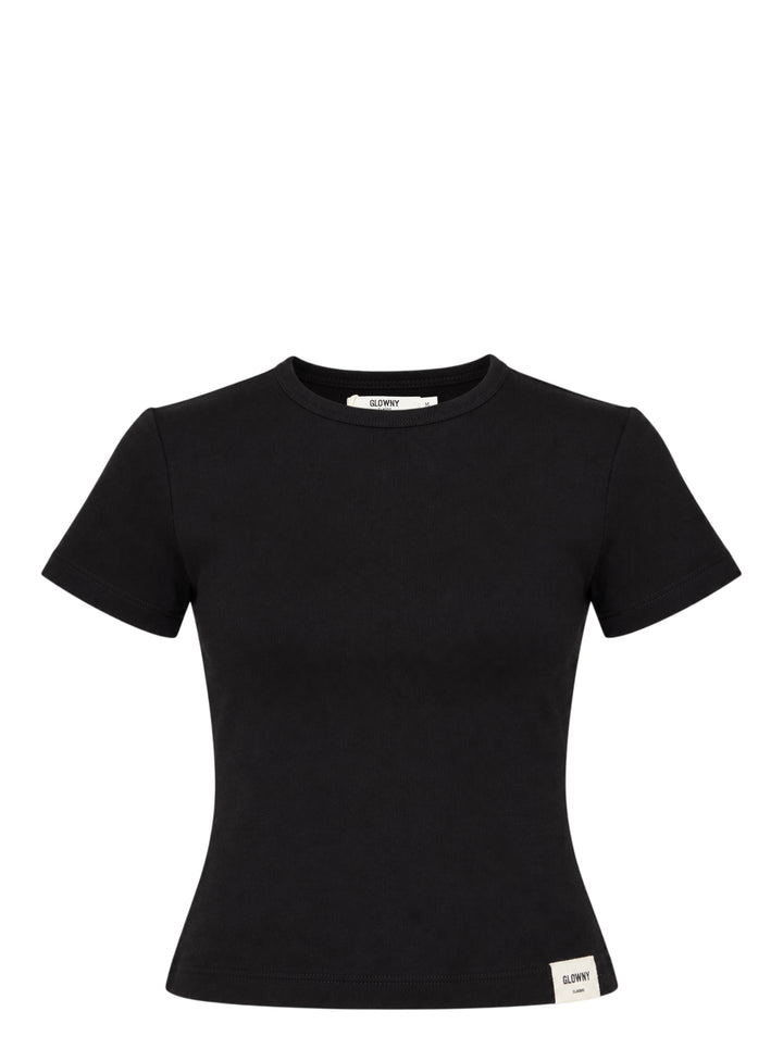 Glowny Classic Baby Tee in black — slim-fit cropped silhouette with a ribbed crew neck, short sleeves, and a woven Glowny label at the hem