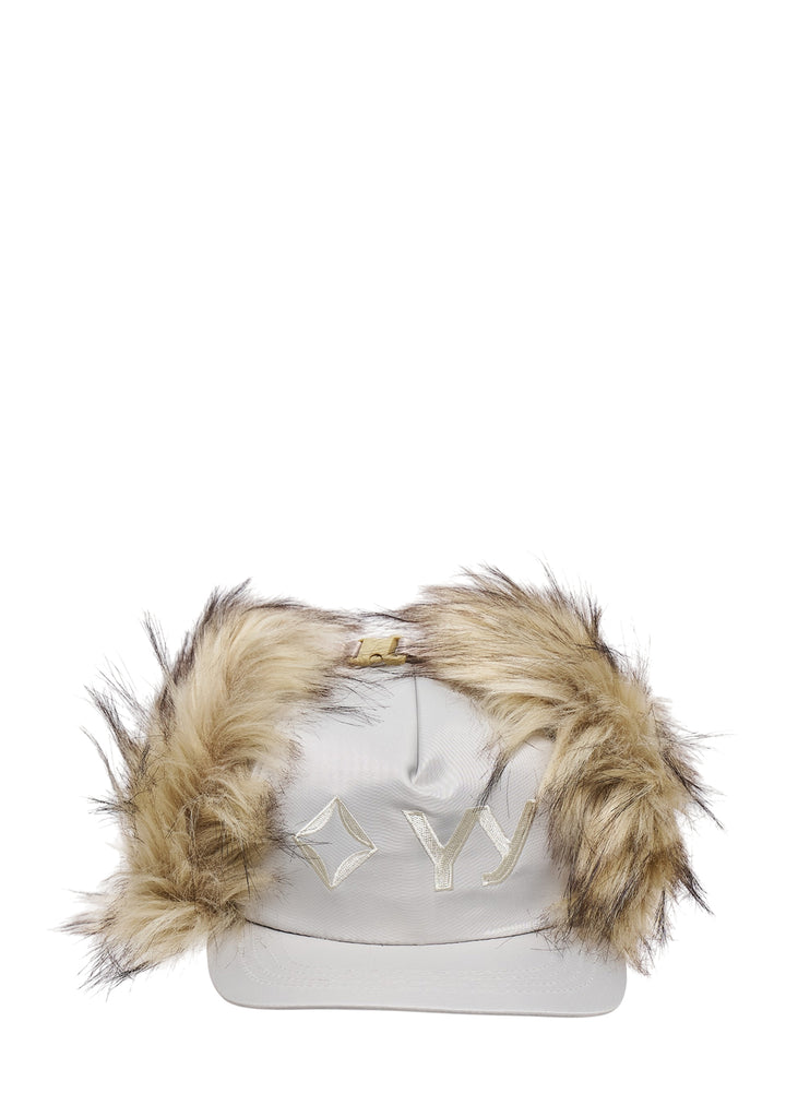 Open YY x Helinox pale grey cap with faux fur ear flaps and tonal embroidered diamond and YY logo on the front