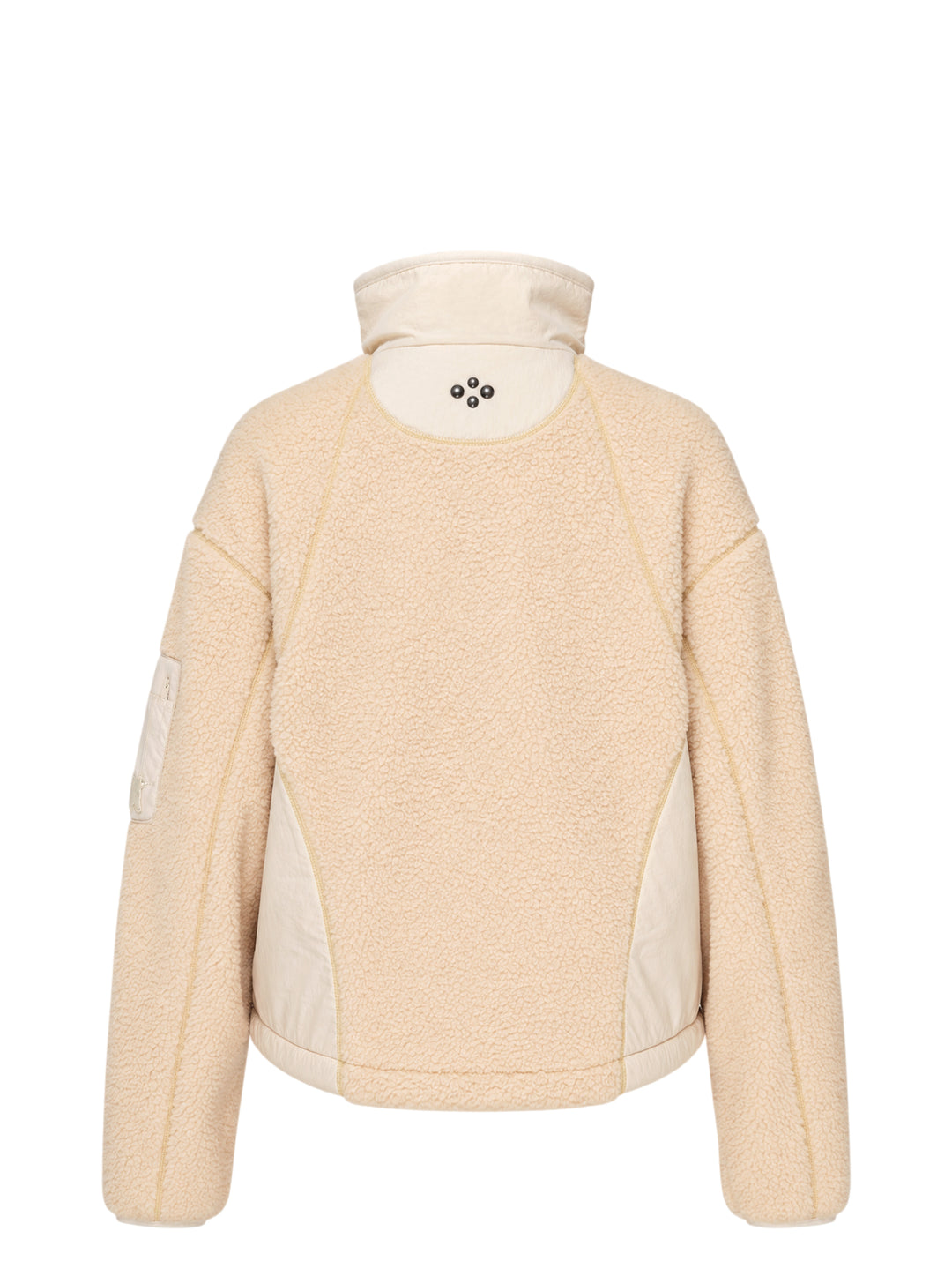 Open YY x Helinox cream sherpa fleece jacket with nylon side panels, stand collar, two-way zip and sleeve utility pocket - view 2