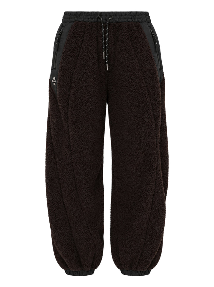 Open YY x Helinox dark brown sherpa fleece pants with black nylon side panels, drawcord waist, zip pockets and elasticated cuffs
