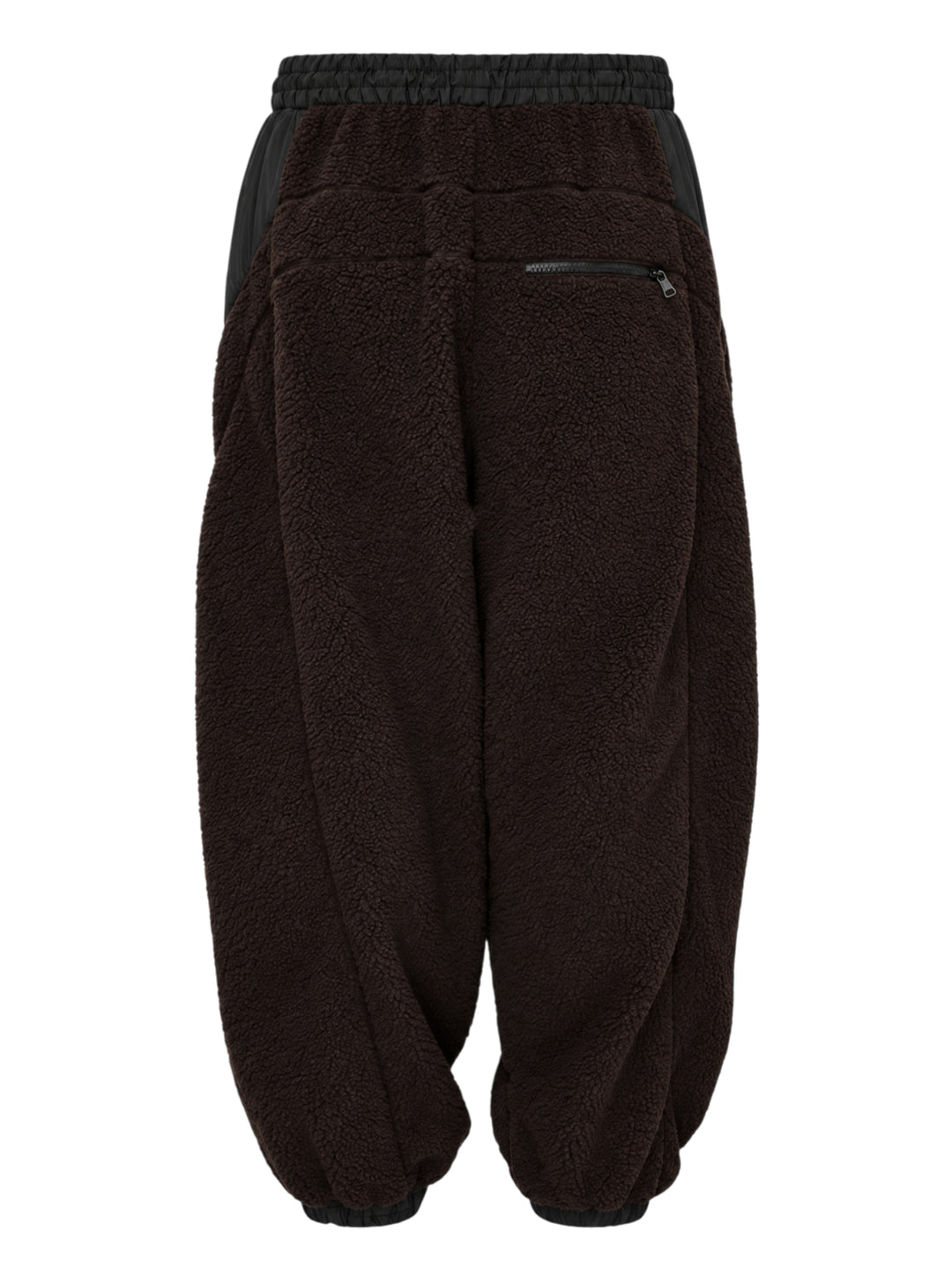 Open YY x Helinox dark brown sherpa fleece pants with black nylon side panels, drawcord waist, zip pockets and elasticated cuffs - view 2