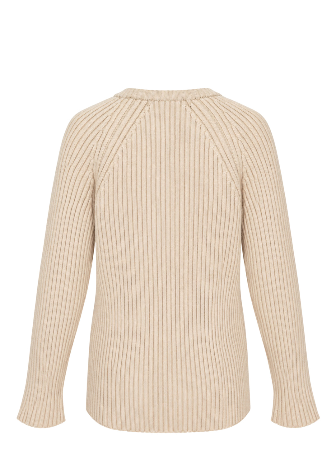 OPEN YY x Helinox beige ribbed knit sweater with V-neckline, shoulder zip slits and black Helinox label, front view - view 2